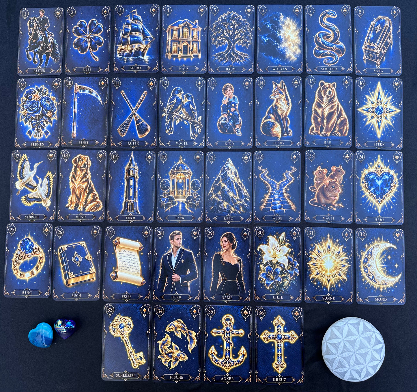 Kartendeck: Das Lenormand der königsblauen Nacht 36 Karten zzgl. 18 Zusatzkarten