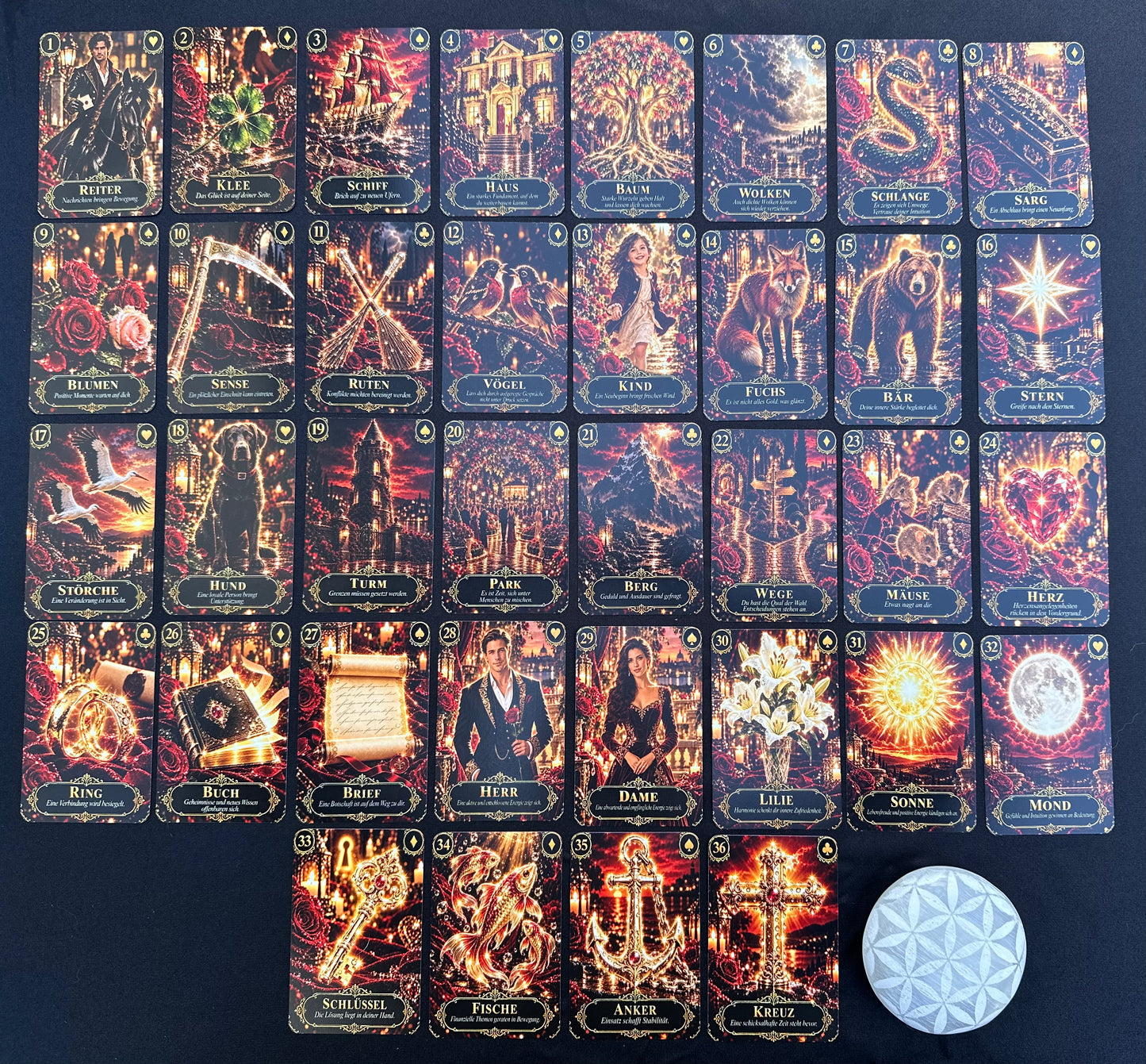 Kartendeck: Das Lenormand im Glanz der Rosen 36 Karten zzgl. 18 Zusatzkarten